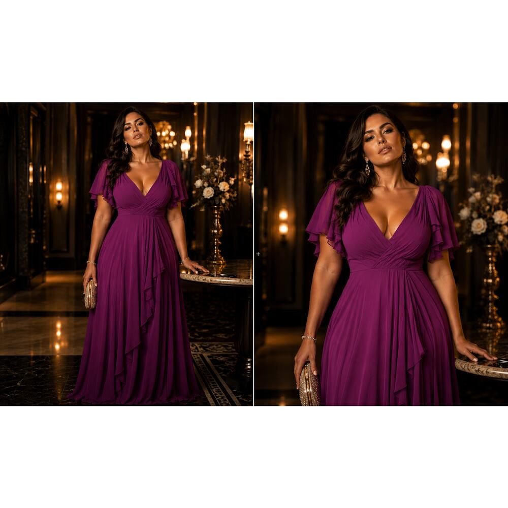 JJ’s House Orchid Chiffon Formal Gown Flutter Sleeve Boned US 10 NWT